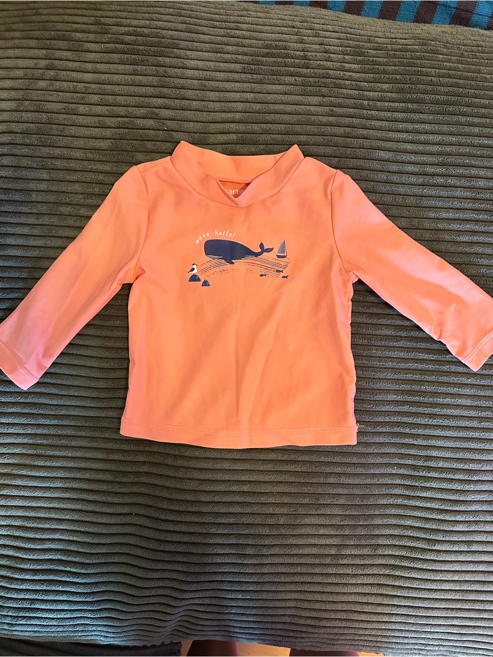 Carter's Coral Long-Sleeve Swim Rashguard with Whale Print- size 9 month